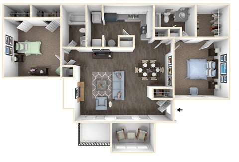 Floor plan for 2 beds, 2 baths, 1100 sqft